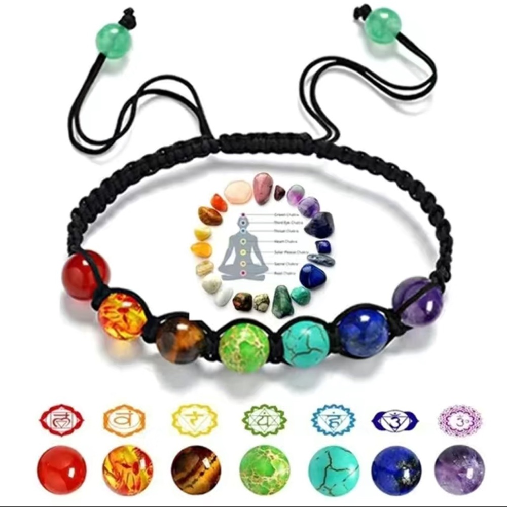 NWT๐ง๐ปโโ๏ธ 7 CHAKRA NATURAL STONE BEAD ADJUSTABLE BRAIDED YOGA ROPE BRACELET - Picture 2 of 12